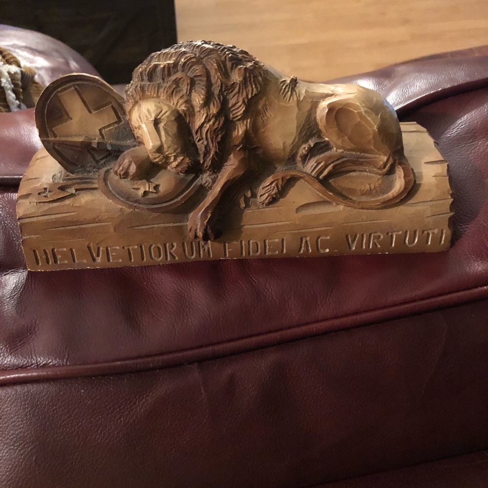Lion of Lucerne Hand Carved Wood 8"
